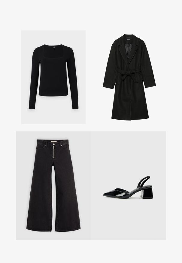 Even&Odd BELTED COAT - Klasszikus kabát - black; Fekete, hosszú ujjú felső, négyzet alakú nyakkivágással, puha, rugalmas anyagból készült. Szoros szabású és egyszerű, minimalista stílus jellemzi.; Fekete denim széles szárú farmer, cipzáros elejével, öt zsebes kialakítással és diszkrét varrással. Sima textúra és laza stílus.; Fekete lakk bőr szandálkés magas sarkú cipő, hegyes orral és geometrikus tömbsarkakkal. Karcsú, minimalista dizájn és sima textúra jellemzi.