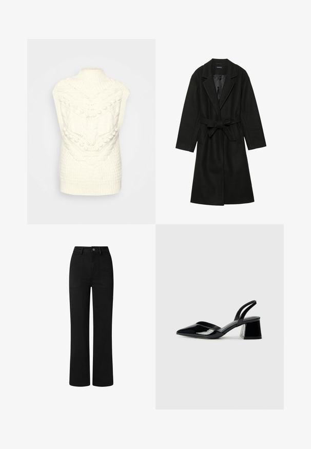 Even&Odd BELTED COAT - Klasikinis paltas - black; Kreminės spalvos megztas liemenė su aukšta raukšlėta apykakle ir tekstūriniais raštais, įskaitant kabelius ir gumbelius, suteikiantys jaukią išvaizdą.; Juodos, aukšto juosmens kelnės su tiesioginiu pjūviu, pagamintos iš lygaus medvilnės audinio. Yra priekinių kišenių ir paprastas metalinis mygtuko užsegimas.; Juodos lakuotos odinės šlepetės su smailiu pirštu ir geometriniu bloko kulnu. Turi elegantišką, minimalistinį dizainą ir lygų paviršių.