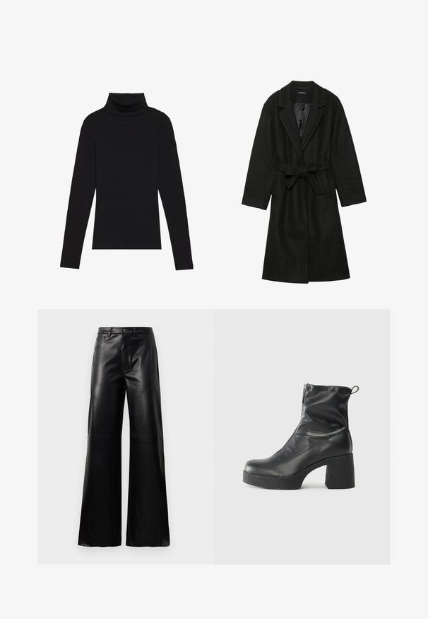 Even&Odd BELTED COAT - Abrigo clásico - black; Top de manga larga de cuello alto negro, hecho de tela de canalé, presenta un diseño ajustado con un cuello alto y sin patrones ni acentos.; Pantalones de imitación de cuero negros de cintura alta y pierna ancha con botón frontal, cierre de cremallera, pasadores para cinturón y bolsillos laterales sobre fondo blanco.; Botines negros de tobillo, hechos de cuero suave, con cierre lateral, tacón grueso texturizado y diseño de punta redondeada.