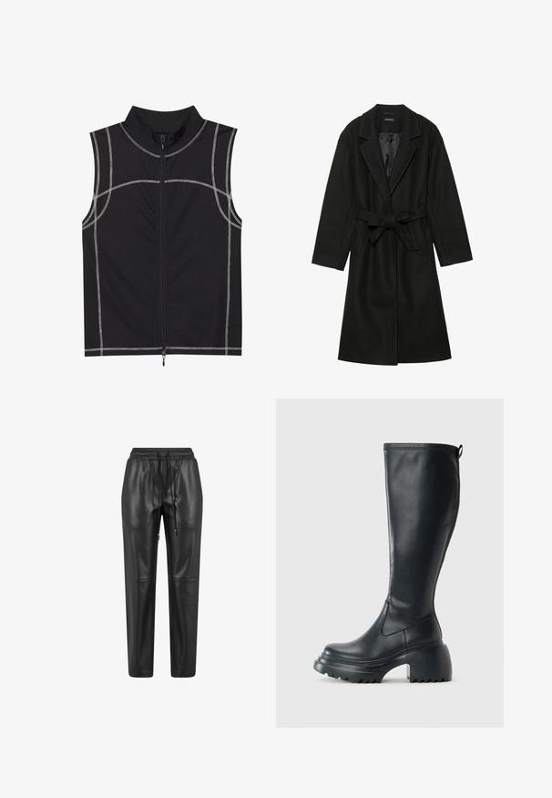 Even&Odd BELTED COAT - Klassischer Mantel - black; Schwarze ärmellose Weste aus einem glatten Stoff, mit silberner Nahtdetails und einem Reißverschluss vorne, entworfen mit einem hohen Kragen.; Schwarze Kunstlederhosen mit einem lockeren Schnitt, elastischem Bund, Kordelzug und schmalen Beinen, versehen mit Nahtdetails und ohne Taschen.; Hoher schwarzer Lederstiefel mit einer robusten Plateausohle und Blockabsatz, der über eine Zuglasche und ein strukturiertes Profil an der Außensohle verfügt.