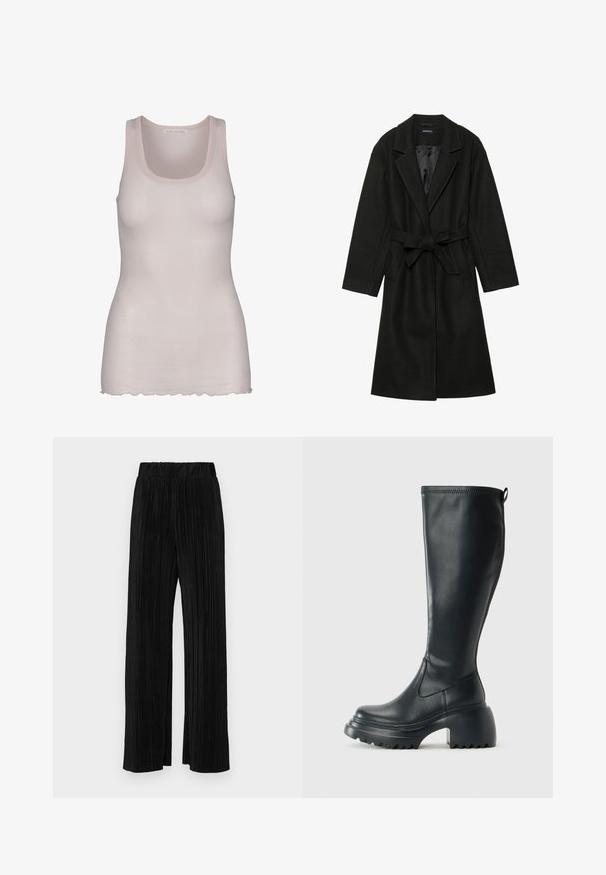 Even&Odd BELTED COAT - Classic coat - black; Light pink tank top made of smooth fabric. It features a scoop neckline, wide straps, and a slightly scalloped hem.; Black pleated trousers with an elastic waistband. Features wide legs and a smooth, textured fabric with vertical stripes.; Tall black leather boot with chunky platform sole and block heel, featuring pull tab and textured tread on outsole.