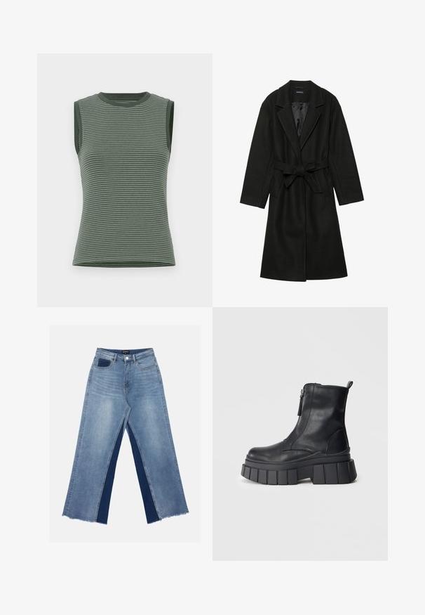 Even&Odd BELTED COAT - Mantel - black; Mouwloos topje in een gedempt groen, met horizontale strepen, geribbelde textuur en een ronde halslijn met contrasterende armsgaten.; Lichtblauwe wijde jeans met contrasterende donkerblauwe panelen, rafelige zomen en een standaard taille met een metalen knoopsluiting.; Zwarte leren enkellaars met stevige groefplatformzool en zijrits, gepresenteerd op een neutrale grijze ondergrond.