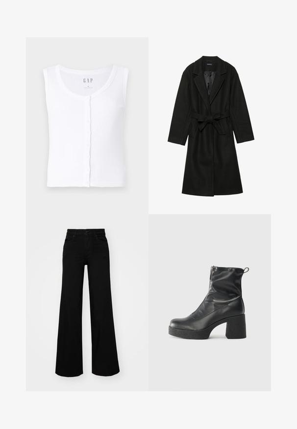 Even&Odd BELTED COAT - Manteau classique - black; Débardeur blanc côtelé avec un décolleté en scoop, présentant une fermeture à bouton sur le devant. Le tissu est doux avec une texture lisse. Étiquette de marque : GAP. Taille : S.; Pantalons large en denim noir, dotés d'une taille structurée, de passants de ceinture et de poches avant. Texture lisse avec un design classique.; Bottes noires à la cheville en cuir lisse, dotées d'une fermeture éclair sur le côté, d'un talon épais texturé et d'une conception à bout rond.