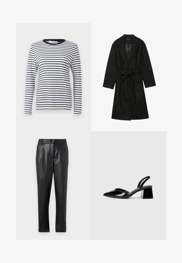 Even&Odd BELTED COAT - Casaco clássico - black; Camisa de manga longa com riscas horizontais pretas e brancas, decote redondo, feita de tecido macio, apresentando um design limpo sem padrões.; Calças de couro pretas com uma textura suave, corte reto, cintura elástica e fecho com botão na frente; detalhe plissado e pernas afuniladas.; Sandy em verniz preto com salto slingback, ponta afilada e salto geométrico. Apresenta um design elegante e minimalista com textura suave.