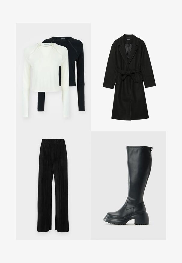 Even&Odd BELTED COAT - Palton clasic - black; Două bluze cu mânecă lungă, una albă și una neagră. Ambele au gât rotund și fermoare decorative la umăr. Țesătură netedă.; Pantaloni negri plisati cu talie elastică. Prezintă picioare largi și un material neted, texturat, cu dungi verticale.; Cizme lungi din piele neagră cu talpă platformă masivă și tocul pătrat, având un tab de tragere și un model texturat pe talpa exterioară.