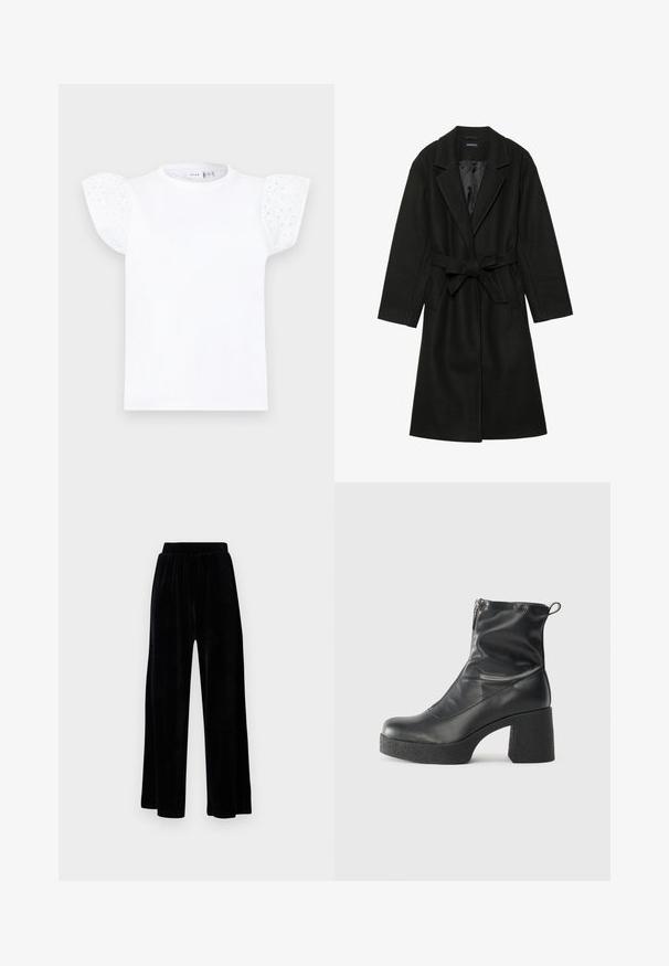 Even&Odd BELTED COAT - Klasikinis paltas - black; Balta marškinėliai su trumpomis pūstomis rankovėmis, pagaminti iš siuvinėto medvilnės, su apvaliais išpjovimais ir apvaliu iškirpimu.; Juoda plataus kirpimo kelnių pora, pagaminta iš minkštos velveto medžiagos, su elastingu juosmeniu ir glotnia tekstūra, be matomų detalių ar raštų.; Juodos kulkšninių botai, pagaminti iš lygaus odos, su šoniniu užtrauktuku, masyviu tekstūruotu kulnu ir apvaliu pirštu.