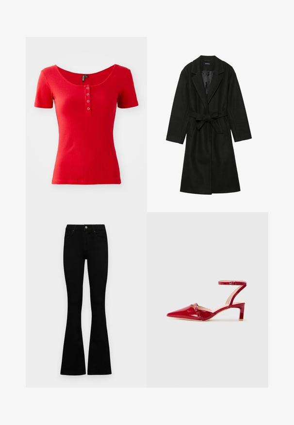 Even&Odd BELTED COAT - Klasszikus kabát - black; Piros, bordás, rövid ujjú póló, széles lekerekített nyakkivágással és elülső gombdetaillel, amely két fémből készült gombot tartalmaz. Puha tapintású, testhez simuló fazon.; Fekete, magas derekú farmernadrág gomb- és cipzárzárral, elülső zsebekkel és harangszárral, laposan egy fehér háttérre terítve.; Piros lakkbőr magassarkú, hegyes orral, bokapánttal és alacsony tömbsarkal. Díszes csat részlet jellemzi.