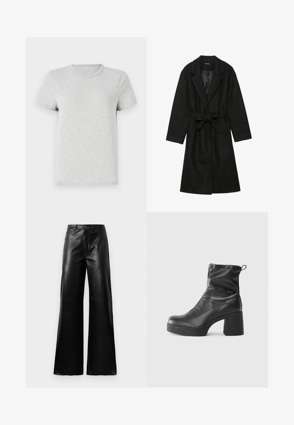 Even&Odd BELTED COAT - Klasszikus kabát - black; Világosszürke pamut póló rövid ujjakkal és klasszikus kerek nyakkivágással. Simább textúrájú, minták vagy dekorációk nélkül.; Fekete, magas derekú, széles lábú, műbőr nadrág elülső gombbal, cipzárral, övbújtatókkal és oldalsó zsebekkel, fehér háttérrel.; Fekete bokacsizmák sima bőrből, oldalsó cipzárral, vastag, texturált sarkú és lekerekített orrú dizájnnal.