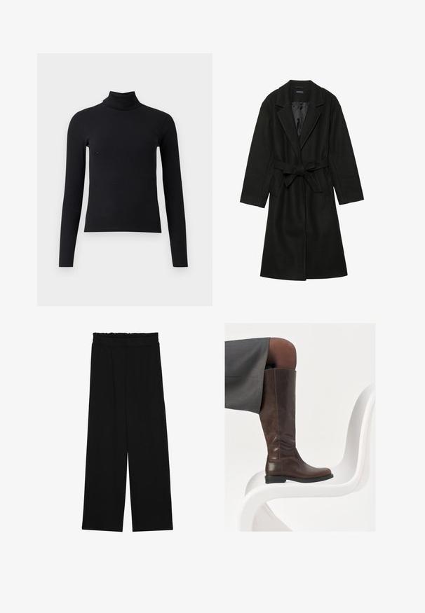 Even&Odd BELTED COAT - Classic coat - black; Black ribbed turtleneck sweater with long sleeves, fitted design, smooth texture, and high collar. No visible patterns or embellishments.; Black wide-leg trousers with a ruffled waistband, featuring two side pockets and a smooth, lightweight fabric. No visible patterns or hardware.; Brown leather knee-high boot with a rounded toe, smooth texture, and minimal stitching details, set against a light background on a white chair.
