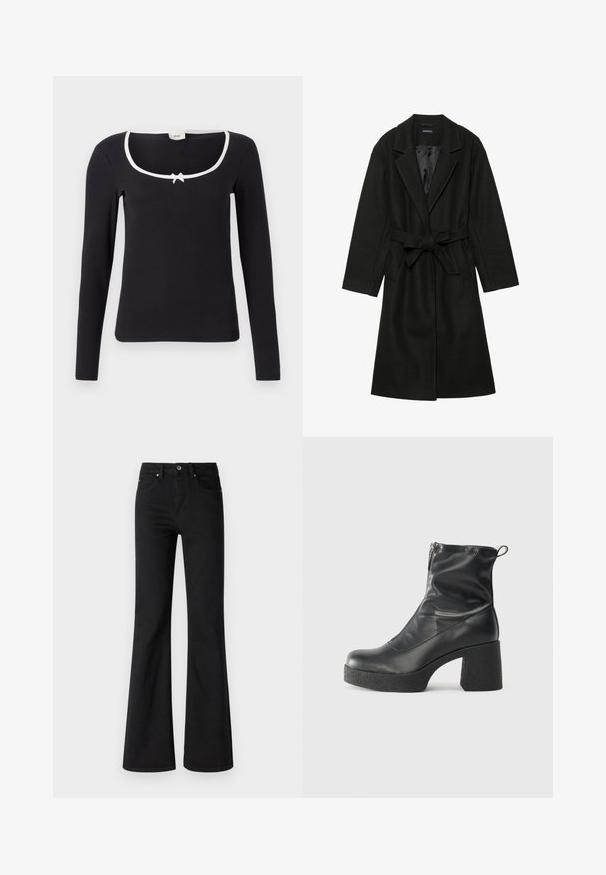 Even&Odd BELTED COAT - Casaco clássico - black; Blusa preta de manga longa com decote quadrado, detalhes em branco e um pequeno laço ao centro. Tecido macio e canelado com um corte justo.; Jeans pretos de perna larga feitos de denim com cintura alta, apresentando cinco bolsos, botão frontal e fecho de zíper, textura suave.; Botas de tornozelo pretas feitas de couro liso, com fecho lateral, salto grosso texturizado e design de bico arredondado.