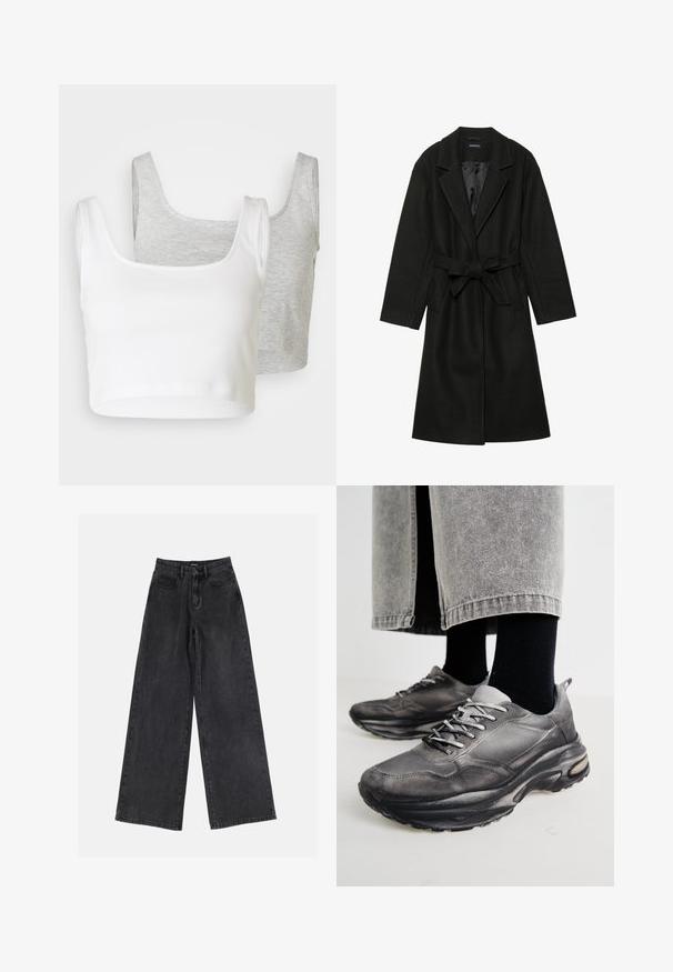 Even&Odd BELTED COAT - Klassisk kåpe / frakk - black; To cropped tank topper: en hvit, ribbet stoff; en lys grå, melert tekstur. Begge har brede stropper og en rund hals.; Svart bred ben jeans i denim med høy midje, klassisk fem-lommers design og subtil fading. Holdbart stoff med en jevn tekstur.; Sorte og grå treningssko har en mesh-overdel, tykke såler og snøring. De har en rund tå og synlige dempe detaljer.