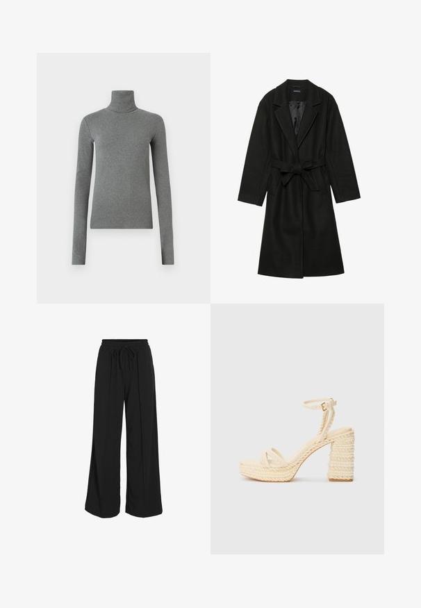 Even&Odd BELTED COAT - Klassischer Mantel - black; Grauer Rollkragenpullover aus glattem, dehnbarem Stoff. Lange Ärmel, figurbetontes Design, minimale Textur, ohne sichtbare Muster oder Beschläge.; Schwarze, weit geschnittene Hose aus weichem Stoff. Sie hat einen elastischen Bund mit Kordelzug und vordere Falten für zusätzliche Details.; Beige Riemchensandalen mit Absatz, ausgestattet mit einer geflochtenen Jute-Plattform und -Absatz, dünnem Knöchelriemen und einer glatten Fußbett.