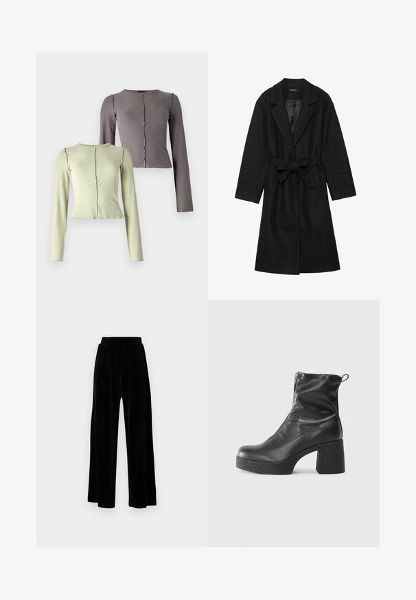 Even&Odd BELTED COAT - Classic coat - black; Set of two long-sleeve, ribbed tops in light green and dark gray. Each has a round neckline and a subtle wavy hem detail.; Black wide-leg trousers made of soft velvet, featuring an elastic waistband and a smooth texture, with no visible detailing or patterns.; Black ankle boots made of smooth leather, featuring a side zipper, chunky textured heel, and rounded toe design.