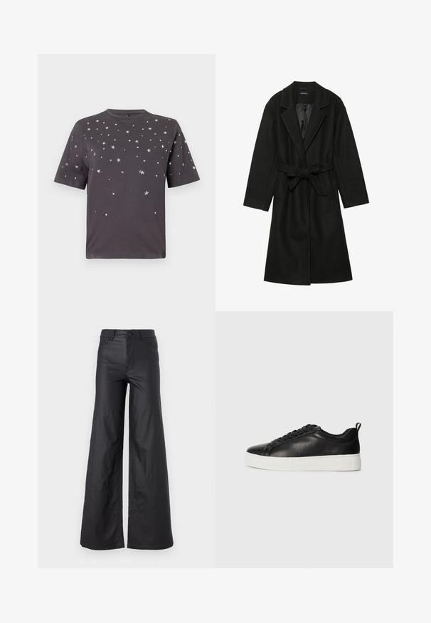 Even&Odd BELTED COAT - Klassischer Mantel - black; Dunkelgraues T-Shirt mit kurzen Ärmeln, verziert mit verstreuten kleinen silbernen Sternen und Punkten auf der Vorderseite und den Ärmeln.; Schwarze, weit geschnittene Hose aus einem Kunstledermaterial. Mit hoher Taille, Gürtelschlaufen, zwei Fronttaschen und genähten Details.; Schwarze niedrige Leder-Sneaker mit schwarzen Schnürsenkeln und dicker weißer Gummisohle, von der Außenseite auf weißem Hintergrund betrachtet.