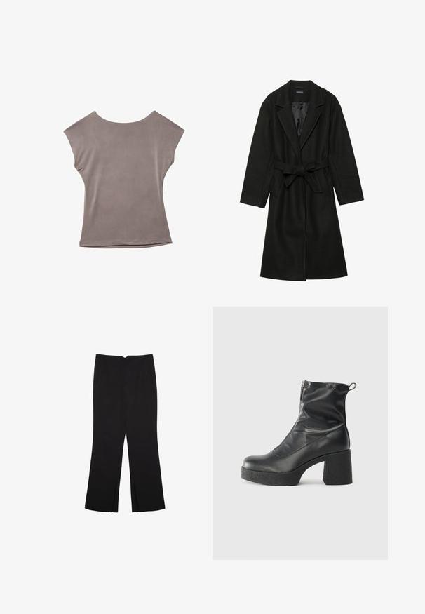 Even&Odd BELTED COAT - Klasični plašč - black; Siva kratka majica s kratkimi rokavi, sproščenega kroja, lahkotna tkanina, gladka tekstura, širok okrogli izrez, minimalni šivi in obšiti robovi.; Črne hlače ravnega kroja z naglavnimi žepi in stranskimi razporki na robu. Narejene iz mehke, gladke tkanine. Primerne za različne priložnosti.; Črne gležnjarje iz gladke kože z božnim zadrgo, masivnim teksturiranim peto in zaobljeno obliko prstov.