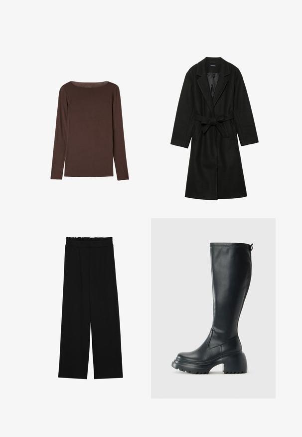 Even&Odd BELTED COAT - Klassischer Mantel - black; Brauner, langärmeliger Pullover aus weichem, elastischem Material mit rundem Halsausschnitt und lockerer Passform, der eine glatte Textur und minimales Design aufweist.; Schwarze weit geschnittene Hose mit einem gerüschten Bund, ausgestattet mit zwei Seitentaschen und einem glatten, leichten Stoff. Keine sichtbaren Muster oder Beschläge.; Hoher schwarzer Lederstiefel mit einer robusten Plateausohle und Blockabsatz, der über eine Zuglasche und ein strukturiertes Profil an der Außensohle verfügt.