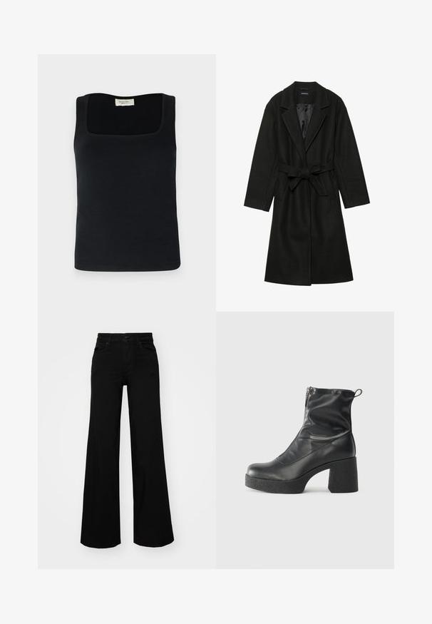 Even&Odd BELTED COAT - Klasszikus kabát - black; Fekete, ujjatlan trikó négyzet alakú nyakkivágással, sima anyagból készült. Egyszerű dizájn, látható minták vagy díszítések nélkül.; Fekete, bő szárú farmernadrág, amelynek állítható derékrésze van, övhurkokkal és elülső zsebekkel. Simaság jellemzi, klasszikus dizájnnal.; Fekete bokacsizmák sima bőrből, oldalsó cipzárral, vastag, texturált sarkú és lekerekített orrú dizájnnal.