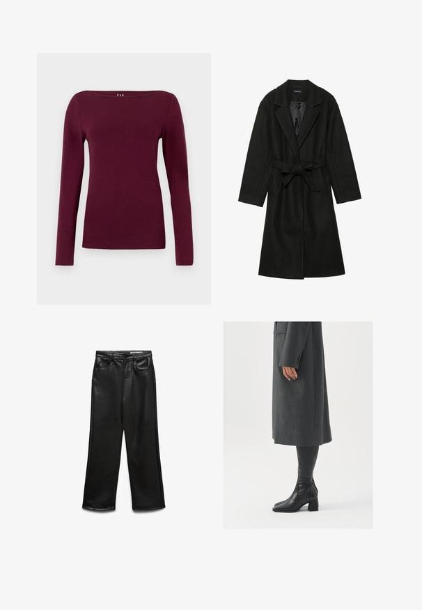 Even&Odd - Klasyczny płaszcz; Damska bluzka z długim rękawem, okrągłym dekoltem w jednolitym, głębokim burgundiowym kolorze, wykonana z gładkiego, dopasowanego materiału.; Czarne, szerokie spodnie z ekoskóry z przednimi kieszeniami, szlufkami na pasek i subtelnym połyskiem. Gładka tekstura i dopasowany krój.; Szary, dopasowany płaszcz o prostym kroju; zestawiony z czarnymi skórzanymi kozakami do kolan z kwadratowym noskiem i grubym obcasem.