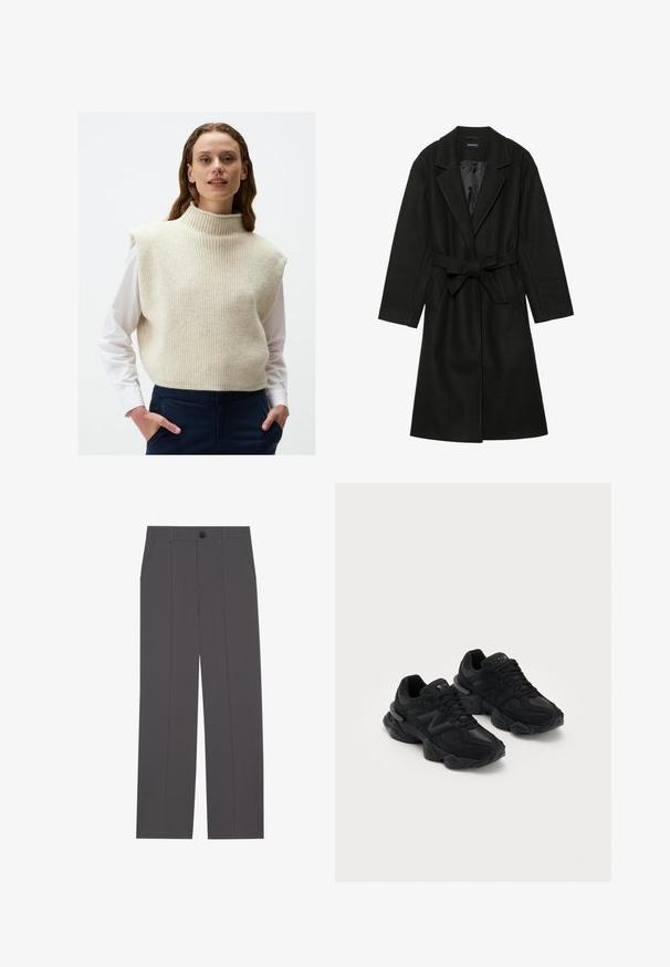 Even&Odd - Klasyczny płaszcz; Kremowy bezrękawnik z dzianiny z wysokim ribbłowym kołnierzem i teksturowanym materiałem, nałożony na białą koszulę z kołnierzykiem.; Szare spodnie o prostym kroju nogawki, z dwoma bocznymi kieszeniami i zapięciem na guzik. Gładki materiał bez widocznych wzorów czy akcentów.; Czarne sportowe buty z teksturowaną cholewką, z wyraźnym logo "N", amortyzowaną podeszwą i smukłą, nowoczesną sylwetką.
