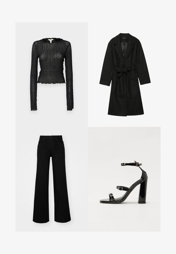 Even&Odd BELTED COAT - Klasický kabát - black; Čierny top s dlhými rukávmi, vyrobený z textúrovanej čipky, s volánovým výstrihom a priliehavým strihom v skrátenej siluete.; Čierne široké nohavice z denimu s pevným pásom, pútkami na opasok a prednými vreckami. Hladká štruktúra s klasickým dizajnom.; Čierne lakované sandále na podpätku so štvorcovou špičkou, navlečenými remienkami okolo členku a striebornými prackami. Disponujú masívnym blokovým podpätkom pre stabilitu.