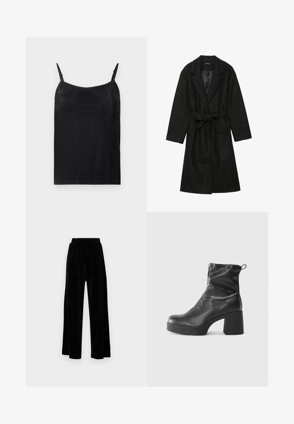 Even&Odd BELTED COAT - Klasický kabát - black; Čierny top s vertikálnym ryhovaním, tenkými nastaviteľnými ramienkami a voľným strihom. Tkanina má po celom povrchu jemný lesk.; Čierne široké nohavice zo soft velvetu, s elastickým pásom a hladkou textúrou, bez viditeľných detailov alebo vzorov.; Čierne členkové topánky z hladkej kože, so bočným zipsom, robustnou textúrovanou pätnou časťou a zaobleným dizajnom špičky.