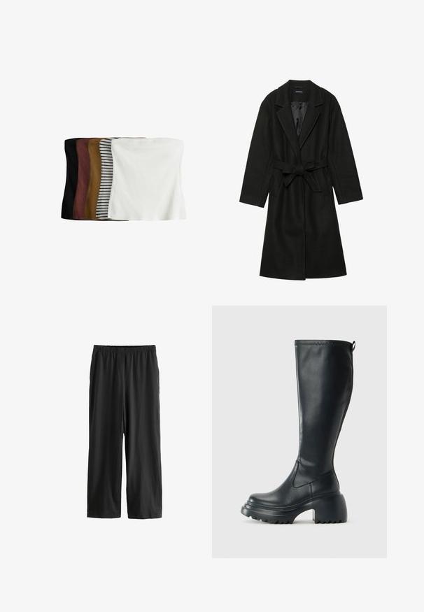 Even&Odd BELTED COAT - Klasszikus kabát - black; Öt darab crop top szett: fekete, sötétbarna, olíva, bézs fehér csíkokkal, és fehér. Rugalmas anyagból készült, varrás nélküli kialakítással, amely jól illeszkedik.; Fekete, térd alá érő nadrág könnyű anyagból. Rugalmas derékbőség és sima textúra, egyenes szárú kialakítással. Nincs látható részlet vagy minta.; Magas fekete bőrcipő, vastag platform talppal és blokk sarokkal, húzófüllel és texturált profillal az outsole-on.