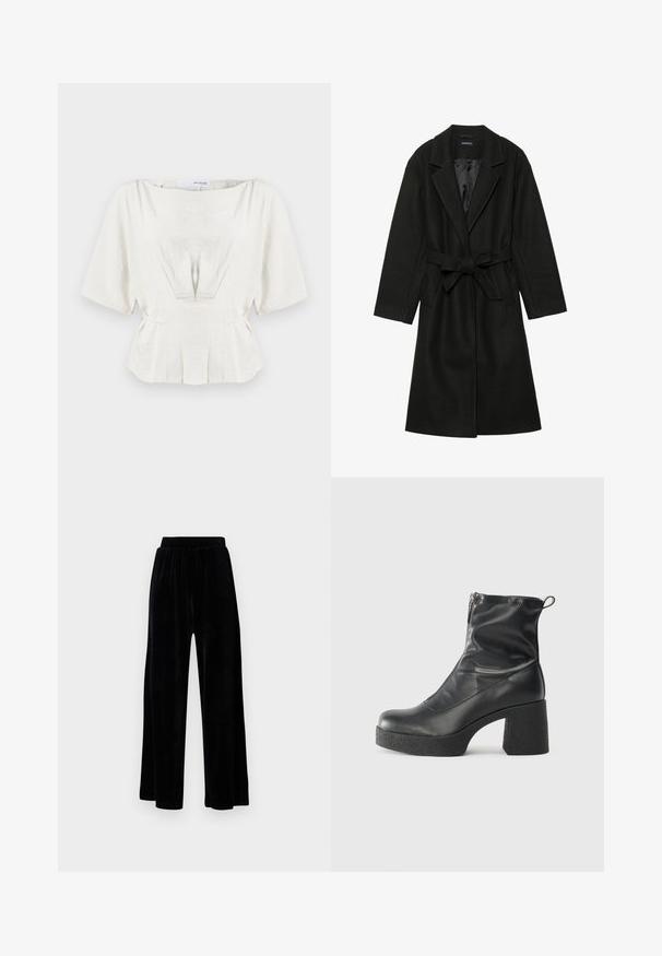 Even&Odd BELTED COAT - Casaco clássico - black; Blusa em tom marfim claro com mangas curtas, detalhes franzidos e cintura peplum. Feita de tecido texturizado, apresenta pregas suaves para conferir estrutura.; Calças largas pretas feitas de veludo suave, com um cós elástico e uma textura lisa, sem detalhes ou padrões visíveis.; Botas de tornozelo pretas feitas de couro liso, com fecho lateral, salto grosso texturizado e design de bico arredondado.