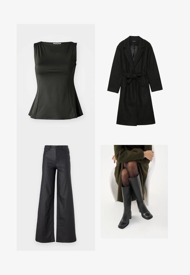 Even&Odd BELTED COAT - Klasický kabát - black; Čierny bezrukávový top vyrobený z hladkej, elastickej látky; má rozšírený lem a výstrih do U pre priliehavý, no uvoľnený siluetu.; Čierne široké nohavice z materiálu imitujúceho kožu. Majú vysoký pás, pútka na opasok, dve predné vrecká a šité detaily.; Čierne kožené čižmy po kolená so štvrtým prstom a blokovým opätkom, zobrazené s modelom sediacim v olivovo zelenej bunde. Hladká textúra, minimálne detaily.