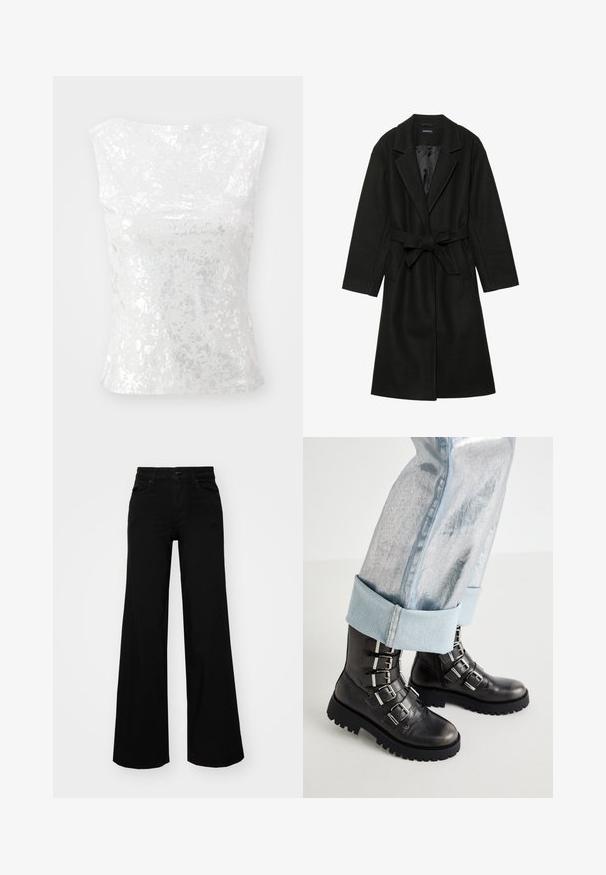 Even&Odd BELTED COAT - Classic coat - black; Weekday SPLATTER - Top - silver; Black wide-leg pants made of denim, featuring a structured waistband, belt loops, and front pockets. Smooth texture with a classic design.; Black leather ankle boots with five silver buckle accents, a chunky black sole, paired with rolled light blue metallic jeans.