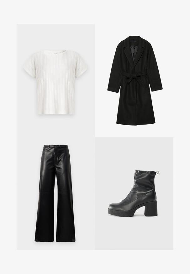 Even&Odd BELTED COAT - Klassisk frakke - black; Hvid kortærmet top med vertikal ribbet tekstur og rund halsudskæring. Løs pasform. Blødt, letvægts materiale. Ingen synlige lukninger.; Sorte high-waisted bukser i bred ben i imiteret læder med forreste knap, lynlås, bæltestropper og sidelommer på hvid baggrund.; Sorte ankelstøvler lavet af glat læder, med en sidelukning, kraftig struktureret hæl og rundt tådesign.