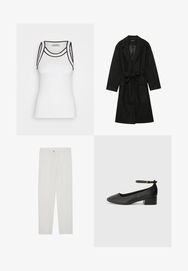 Even&Odd BELTED COAT - Cappotto classico - black; Top bianco in tessuto a coste, con dettagli neri lungo il collo e le aperture delle maniche, dalla silhouette aderente.; Pantaloni bianchi su misura con design a gamba dritta, dotati di chiusura a bottone, passanti per cintura e tasche laterali; tessuto morbido.; Pump in pelle nera con punta affusolata e tacco basso a blocco. Presenta una cinghia alla caviglia con una fibbia in tonalità oro. Texture liscia.
