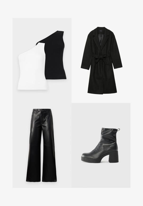 Even&Odd BELTED COAT - Klasický kabát - black; Asymetrické tielka v bielej a čiernej farbe. Vyrobené z rebrovanej tkaniny s dizajnom pre jedno rameno. Hladká textura a priliehavý strih.; Čierne vysokopriestené široké nohavice z umelého kože s predným gombíkom, zipsom, pútkami na opasok a bočnými vreckami na bielom pozadí.; Čierne členkové topánky z hladkej kože, so bočným zipsom, robustnou textúrovanou pätnou časťou a zaobleným dizajnom špičky.