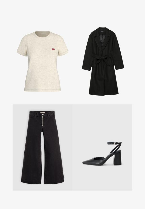 Even&Odd BELTED COAT - Casaco clássico - black; T-shirt de manga curta de cor creme feito de uma mistura de algodão. Apresenta um pequeno logótipo vermelho da Levi's no lado esquerdo do peito. Design clássico de decote redondo.; Calças de ganga de perna larga em denim preto com fecho éclair à frente, design de cinco bolsos e detalhes de costura subtil. Textura suave e estilo casual.; Sandal com biqueira afilada em couro preto, com cinta no tornozelo e salto grosso. Textura lisa, design elegante e estética minimalista.