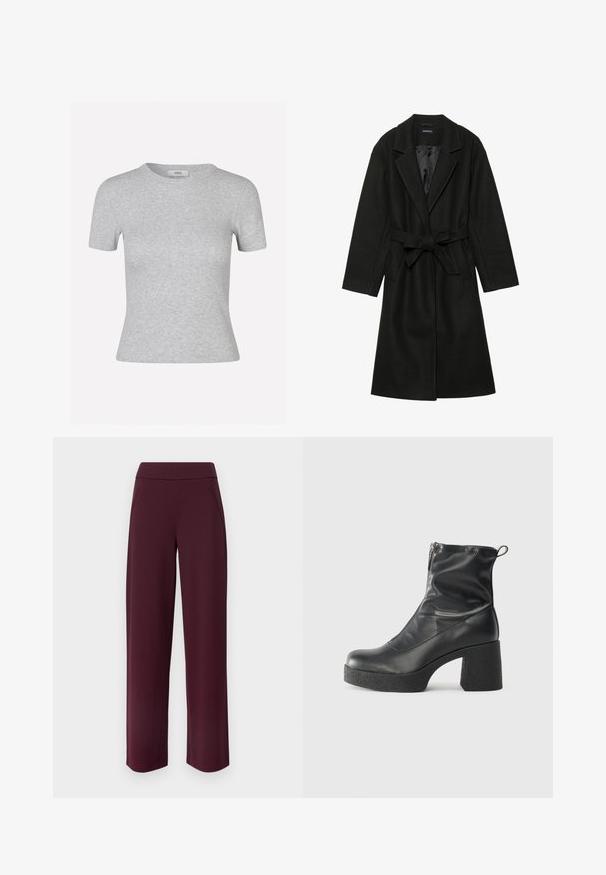 Even&Odd BELTED COAT - Klasisks mētelis - black; Pelēks īsām piedurknēm T-krekls ar ribotu faktūru, apaļu kakla izgriezumu un pieguļošu siluetu, ar diskrētu zīmola etiķeti.; JDY JDYLOUISVILLE CATIA WIDE PANT - Auduma bikses - wine tasting; Melni potītes zābaki, kas izgatavoti no gludas ādas, ar sānu rāvējslēdzēju, masīvu strukturētu papēdi un noapaļotu purngalu.