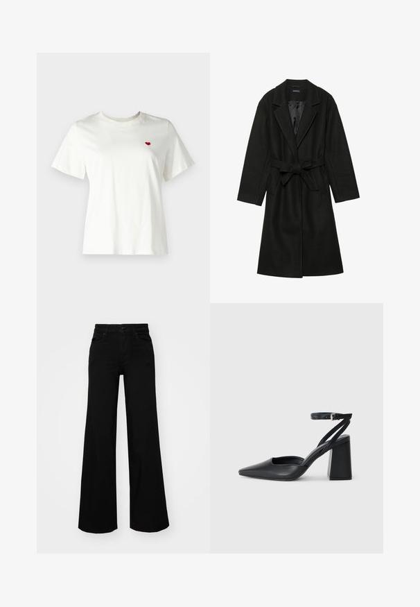 Even&Odd BELTED COAT - Klassisk frakke - black; Hvid bomuld t-shirt med korte ærmer og rund hals, med et lille rødt hjerte broderet på venstre brystområde.; Sorte bukser med bred benvidde lavet af denim, med en struktureret talje, bæltesløjfer og forlommer. Glat tekstur med et klassisk design.; Sort læder spidse pumps med ankelrem og en chunky hæl. Flad tekstur, slankt design og minimalistisk æstetik.