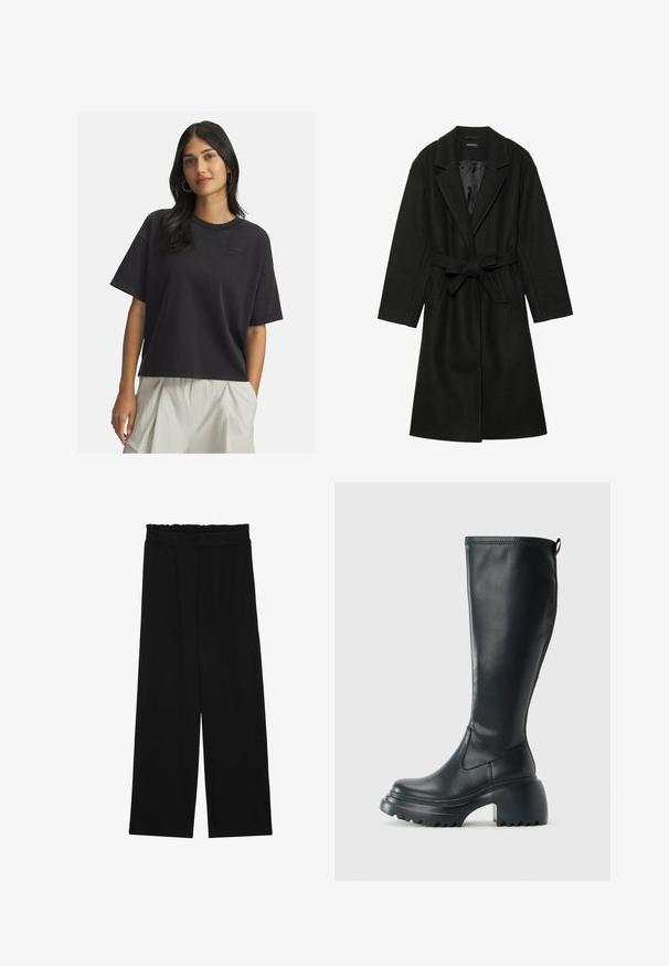 Even&Odd BELTED COAT - Klassikaline mantel - black; Pikkade tumedate juustega naine, kes kannab laia musta lühikeste varrukatega T-särki ja heledaid beeže kõrge vöökohaga pükse, seisab käsi ühes taskus.; Mustad laiad püksid rüüstatud vöökohtadega, millel on kaks küljetaskut ja ühetaoline, kerge kangas. Ilma nähtavate mustrite või seadmeteeta.; Kõrge must nahksaapad, millel on massiivne platvormi tald ja blokk-kand, varustatud tõmbenööriga ja tekstuuriga väljatõmbejääk.