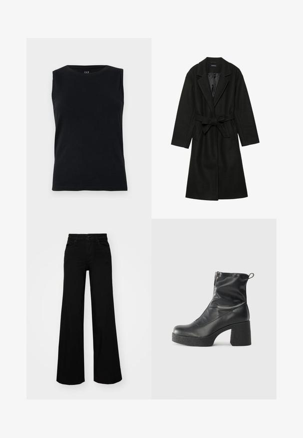 Even&Odd BELTED COAT - Klasszikus kabát - black; Fekete ujjatlan felső pamutból. Kerek nyakkivágással és testhezálló fazonnal rendelkezik. Sima textúrájú, látható minták vagy díszítések nélkül.; Fekete, bő szárú farmernadrág, amelynek állítható derékrésze van, övhurkokkal és elülső zsebekkel. Simaság jellemzi, klasszikus dizájnnal.; Fekete bokacsizmák sima bőrből, oldalsó cipzárral, vastag, texturált sarkú és lekerekített orrú dizájnnal.