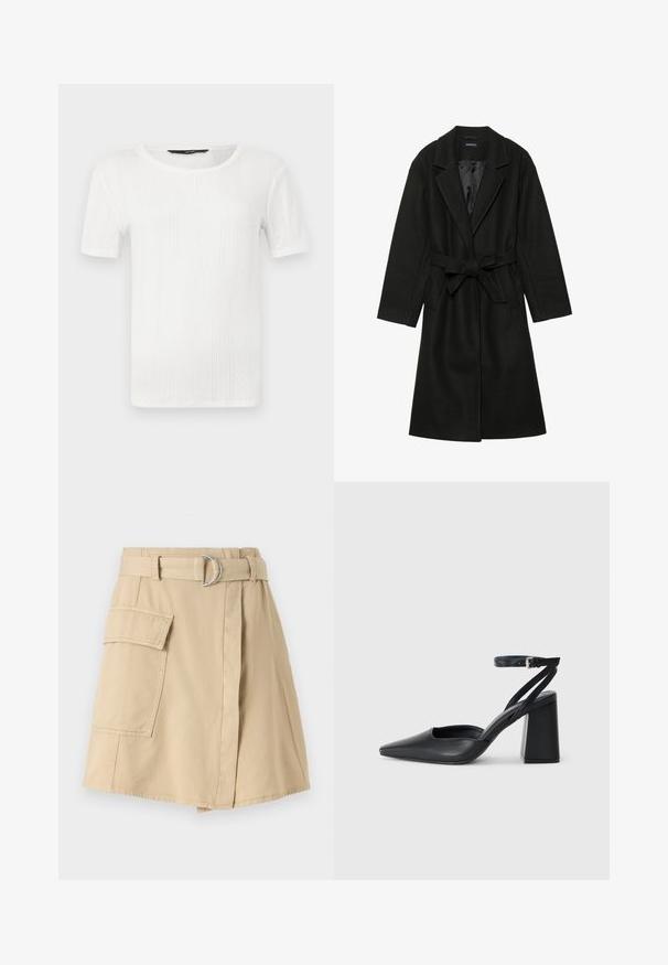 Even&Odd BELTED COAT - Klassisk frakke - black; Hvid kortærmet top lavet af struktureret stof, med lodret ribbing og rund halsudskæring. Enkel design uden udsmykninger.; Beige bomuldsskirt med en sidelomme, bælte i taljen med en sølvring og en let A-form. Glat tekstur og enkelt design.; Sort læder spidse pumps med ankelrem og en chunky hæl. Flad tekstur, slankt design og minimalistisk æstetik.