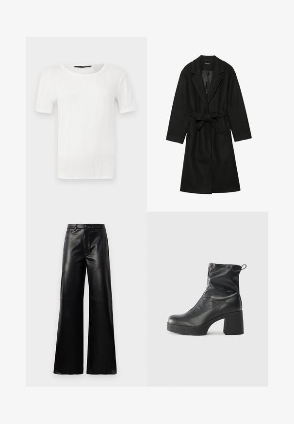 Even&Odd BELTED COAT - Klasični plašč - black; Bela kratka majica s kratkimi rokavi, narejena iz teksturirane tkanine, z navpičnimi rebrastimi detajli in okroglim izrezom. Preprost dizajn brez okrasnih elementov.; Črne široke hlače iz umetnega usnja z visokim pasom, sprednjim gumbom, zadrgo, zanke za pas in stranskimi žepi na beli podlagi.; Črne gležnjarje iz gladke kože z božnim zadrgo, masivnim teksturiranim peto in zaobljeno obliko prstov.