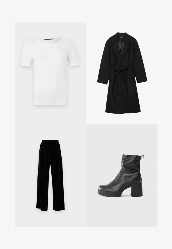 Even&Odd BELTED COAT - Klasický kabát - black; Bílý top s krátkým rukávem vyrobený z texturované tkaniny, vyznačující se vertikálním žebrováním a kulatým výstřihem. Jednoduchý design bez ozdob.; Černé kalhoty širokého střihu vyrobené z měkkého sametu, s elastickým pasem a hladkým povrchem, bez viditelných detailů nebo vzorů.; Černé kotníkové boty vyrobené z hladké kůže, s bočním zipem, robustním strukturovaným podpatkem a kulatou špičkou.