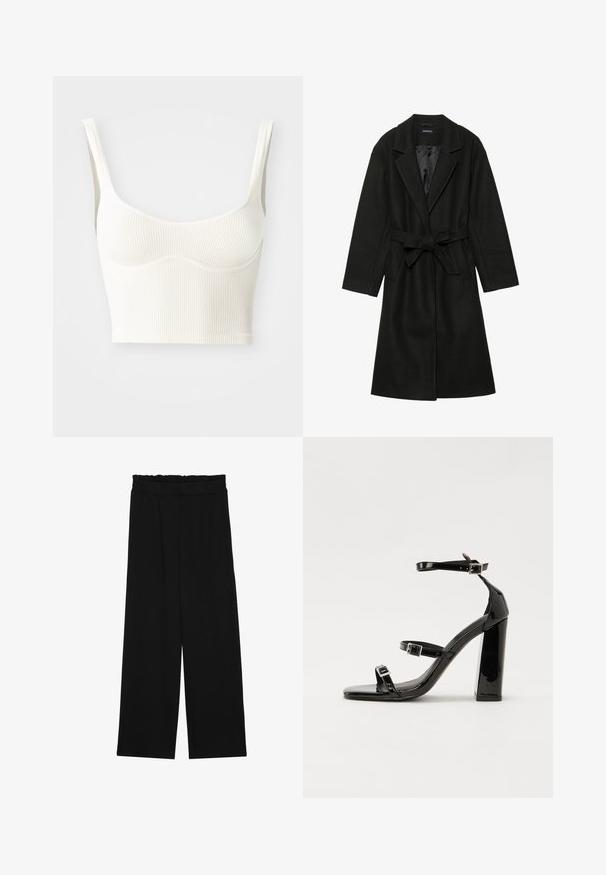 Even&Odd BELTED COAT - Klasični plašč - black; Kremno obarvan rebrast top s kratkimi rokavi in širokimi naramnicami ter mehkoba in gladka tekstura. Ima oblikovano šiv bustu in raven rob.; Črne široke hlače s nabranim pasom, ki imajo dva stranska žepa in so izdelane iz gladkega, lahkega blaga. Brez vidnih vzorcev ali kovinskega okova.; Črne lakirane sandale s peto, kvadratnim prstom, trakovi okrog gležnja in srebrnimi zaponkami. Opremljene so s stabilno Debelo peto.