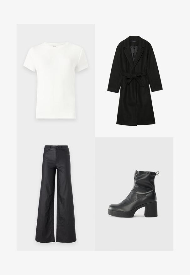 Even&Odd BELTED COAT - Klasický kabát - black; Biele tričko s krátkym rukávom vyrobené z rebrovanej látky, s klasickým okrúhlym výstrihom a jednoduchým, priliehavým strihom. Bez vzorov alebo akcentov.; Čierne široké nohavice z materiálu imitujúceho kožu. Majú vysoký pás, pútka na opasok, dve predné vrecká a šité detaily.; Čierne členkové topánky z hladkej kože, so bočným zipsom, robustnou textúrovanou pätnou časťou a zaobleným dizajnom špičky.