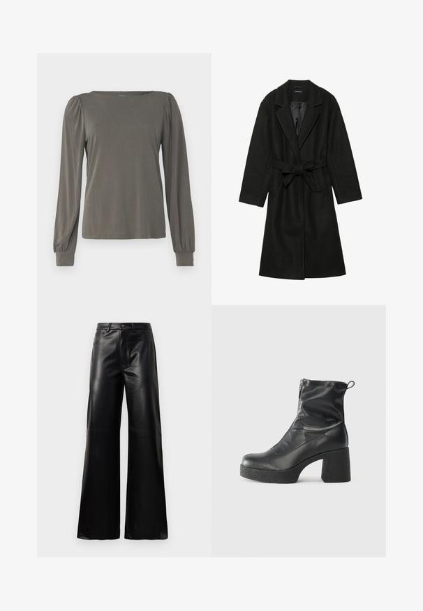 Even&Odd BELTED COAT - Klassisk kåpe / frakk - black; Langermet topp i olivengrønn, med firkantet utringning, rynkede skuldre og tettsittende mansjetter i et glatt, elastisk stoff.; Sorte høy midje vide ben bukser i imitert skinn med knapp foran, glidelås, beltehemper og sidelommer på hvit bakgrunn.; Svarte ankelstøvler laget av glatt lær, med glidelås på siden, chunky strukturert hæl, og rund tå-design.