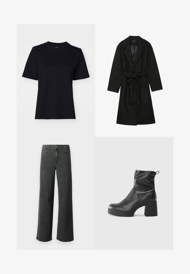 Even&Odd BELTED COAT - Klasikinis paltas - black; Juodas medvilnės marškinėliai su trumpomis rankovėmis, apvaliu kaklu ir laisvu siluetu. Lygus paviršius, nėra matomų raštų ar grafikų.; Platus džinsai tamsiai pilkoje denimo medžiagoje, su subtiliu zebro rašto tekstūra, kontrastinėmis siūlėmis ir penkių kišenių dizainu su mygtukiniu užsegimu.; Juodos kulkšninių botai, pagaminti iš lygaus odos, su šoniniu užtrauktuku, masyviu tekstūruotu kulnu ir apvaliu pirštu.