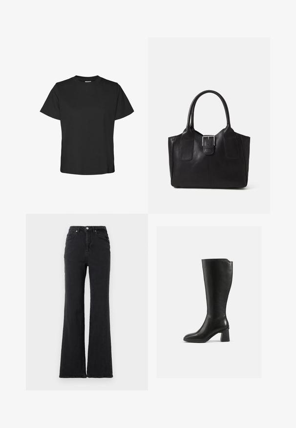 Even&Odd BELTED COAT - Klassisk kåpe / frakk - black; Svart kortermet t-skjorte laget av bomull. Har en rund halslinning og rett nederkant med en avslappet passform. Myk tekstur, uten mønstre eller pynt.; Vero Moda VMTESSA WIDE JEANS - Wide leg - dark grey denim; Sorte lærkne høye støvler med firkantet blokkheel. Glatt tekstur, tettsittende design, minimal sømdetalj og rund tå.; Svart skinn toteveske med jevn tekstur, strukturert form, to håndtak og en fremtredende sølvspenne foran.