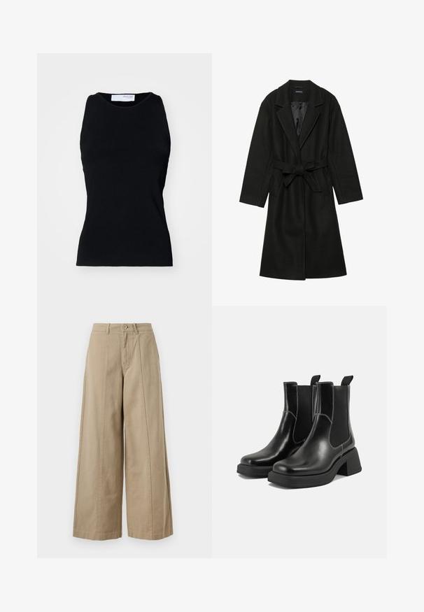Even&Odd BELTED COAT - Classic coat - black; Black ribbed sleeveless top with a rounded neckline and fitted design. Made from stretch material, showcasing a smooth texture and seamless edges.; Beige wide-leg trousers made of sturdy cotton, featuring a button closure, belt loops, and clean front pleating with no visible pockets.; Black leather Chelsea boots with a chunky heel, elastic side panels, and contrasting white stitching. Textured finish.