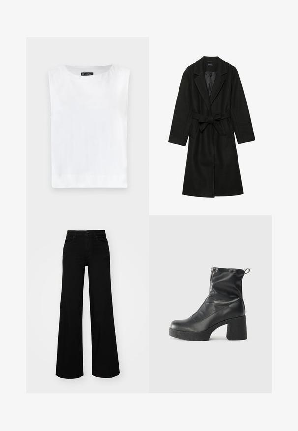 Even&Odd BELTED COAT - Klassinen takki - black; Valkoinen hihaton toppi pyöreällä kaula-aukolla, valmistettu pehmeästä kankaasta. Suora helma ilman näkyviä kuvioita tai koristeluita.; Musta leveälahkeinen farkkupanta, jossa on rakenteellinen vyötärö, vyölenkit ja etutaskut. Sujuva rakenne klassisella muotoilulla.; Mustat nilkkurit, jotka on valmistettu sileästä nahasta. Niissä on sivuvetoketju, paksu teksturoitu korko ja pyöristetty kärki.