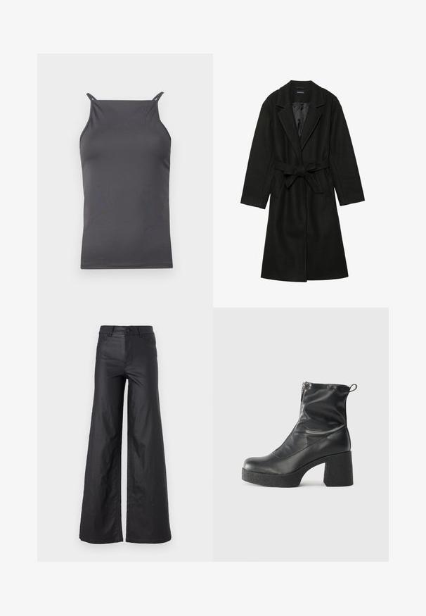 Even&Odd BELTED COAT - Klasický kabát - black; Sivý bezrukávový top vyrobený z hladkej, ľahkej látky. Má tenké ramienka a jednoduchý, priliehavý strih.; Čierne široké nohavice z materiálu imitujúceho kožu. Majú vysoký pás, pútka na opasok, dve predné vrecká a šité detaily.; Čierne členkové topánky z hladkej kože, so bočným zipsom, robustnou textúrovanou pätnou časťou a zaobleným dizajnom špičky.