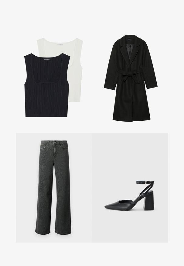 Even&Odd BELTED COAT - Klasszikus kabát - black; Két bordázott ujjatlan póló fekete és fehér színben. Mindkettő négyzet alakú nyakkivágással, vékony pántokkal és puha, texturált anyaggal rendelkezik.; Sötét szürke denim széles lábú farmer, diszkrét zebra mintás textúrával, kontrasztos varrással és öt zsebes kialakítással, gombos zipzárral.; Fekete bőr, hegyes orrú magassarkú cipő boka pánttal és vastag sarokkal. Sima textúra, elegáns dizájn és minimális esztétika.