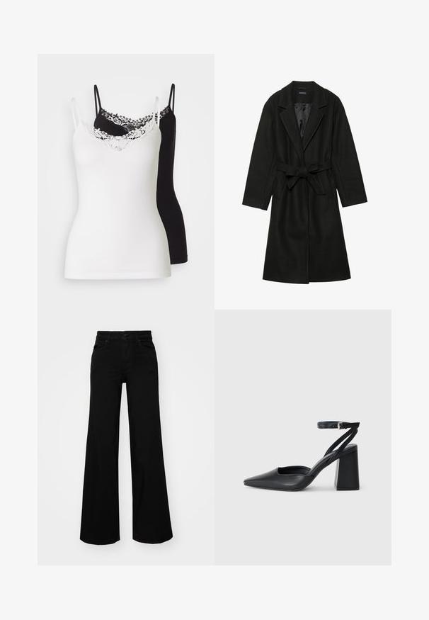 Even&Odd BELTED COAT - Classic coat - black; Two camisole tops, one white and one black, with adjustable straps. The white top features a lace trim along the neckline. Smooth texture.; Black wide-leg pants made of denim, featuring a structured waistband, belt loops, and front pockets. Smooth texture with a classic design.; Black leather pointy-toe pump with an ankle strap and a chunky heel. Flat texture, sleek design, and minimalistic aesthetics.